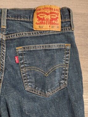 Levi's 511 Slim Dark Blue Denim Jeans with Tan Patch, Size 32 X 30